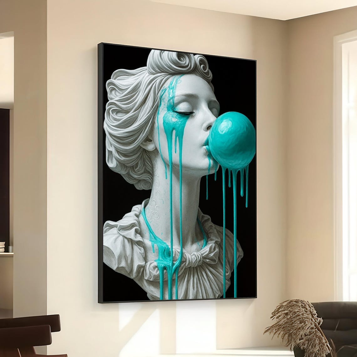 Marble Bust Blowing Teal Bubble Gum Dripping Paint Art Poster