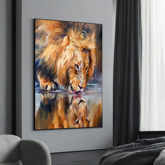 Vibrant Lion Drinking Water Stunning Canvas Art With Reflection For Home Decor And Unique Gift Ideas