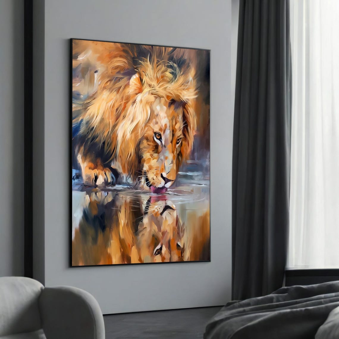Vibrant Lion Drinking Water Stunning Canvas Art With Reflection For Home Decor And Unique Gift Ideas