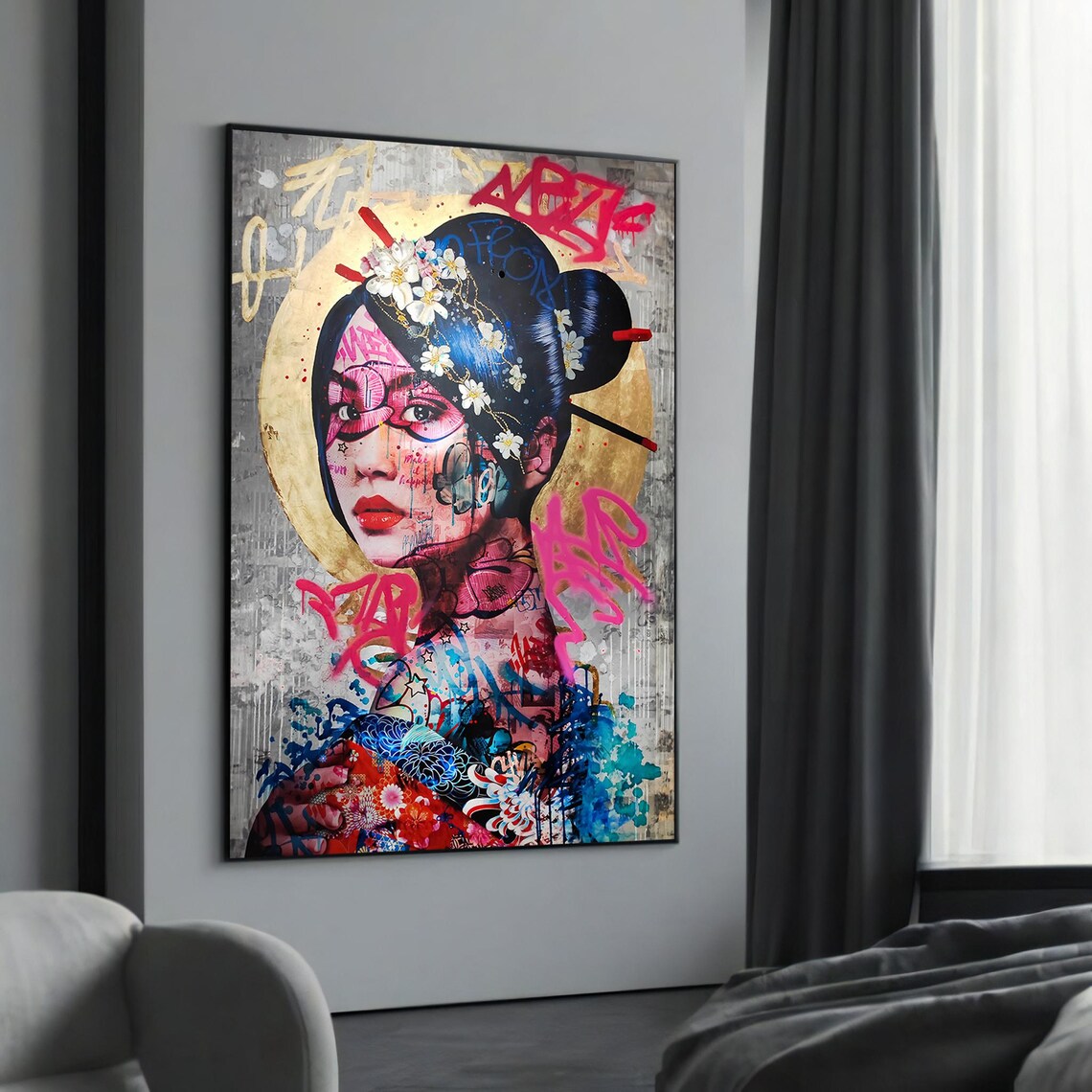 Geisha with Golden Halo and Graffiti Fusion Modern Art Poster