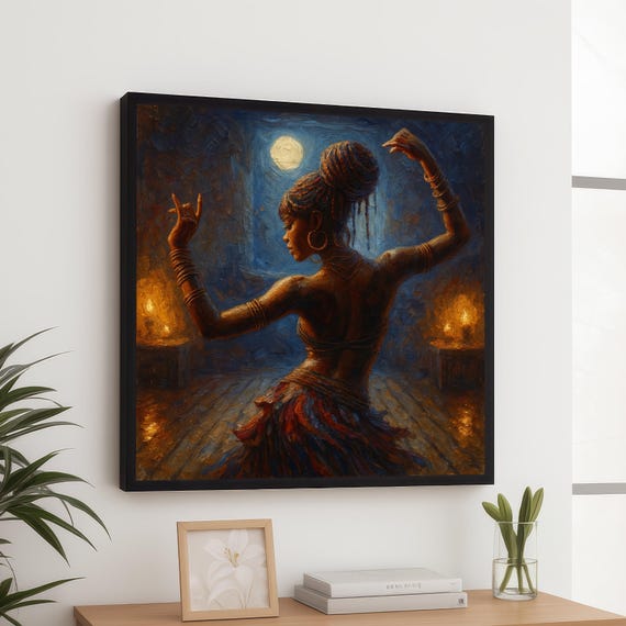 Tribal Dance Woman Canvas Wall Art Ethnic African Painting Moonlit Scene Warm Glow Interior Decor Ready To Hang