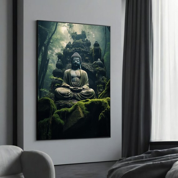 Ancient Stone Buddha Meditating in a Misty Jungle Ruins Zen Poster