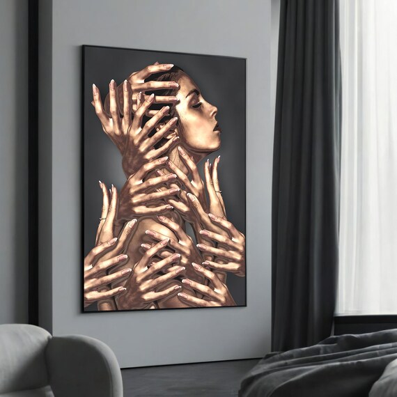 Surreal Woman with Many Hands Art Print in Gold Tones Dark Backdrop