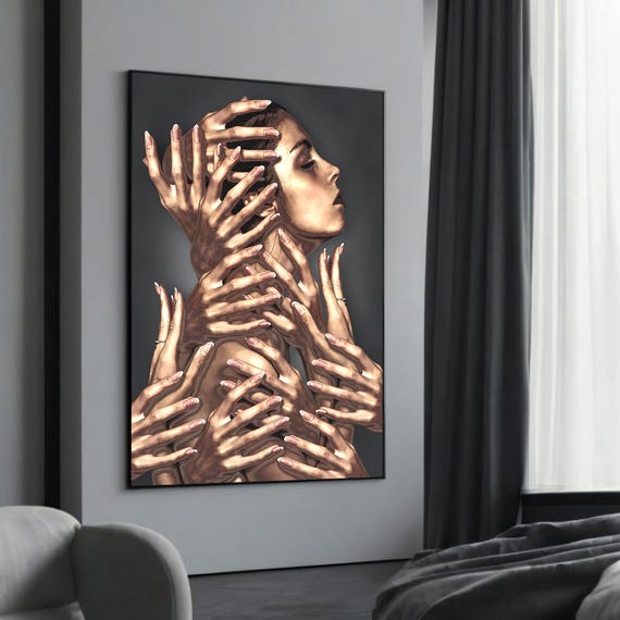 Surreal Woman With Multiple Hands Canvas Painting Unique Abstract Art Bold Feminine Wall Decor For Modern Interiors