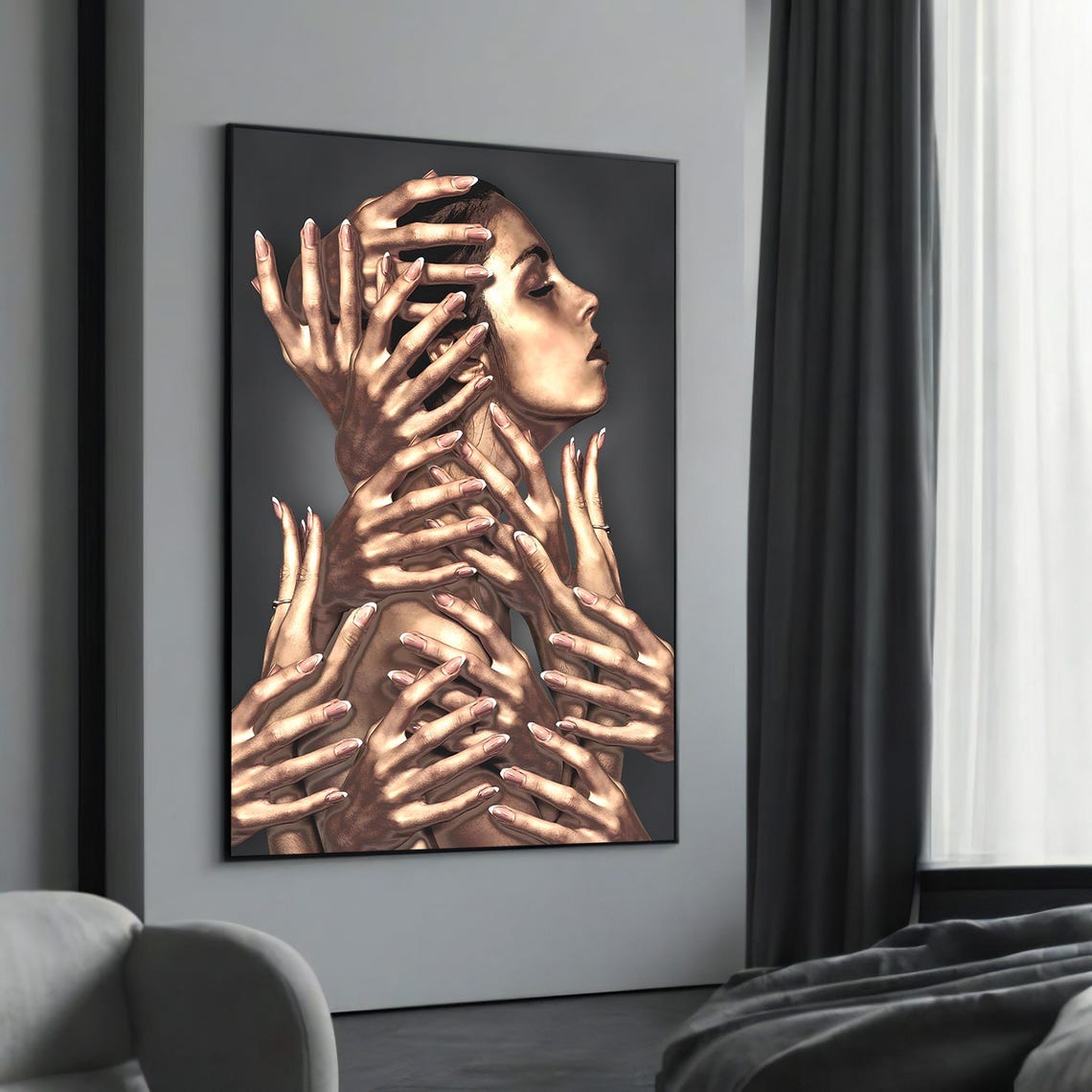 Surreal Woman with Many Hands Art Print in Gold Tones Dark Backdrop