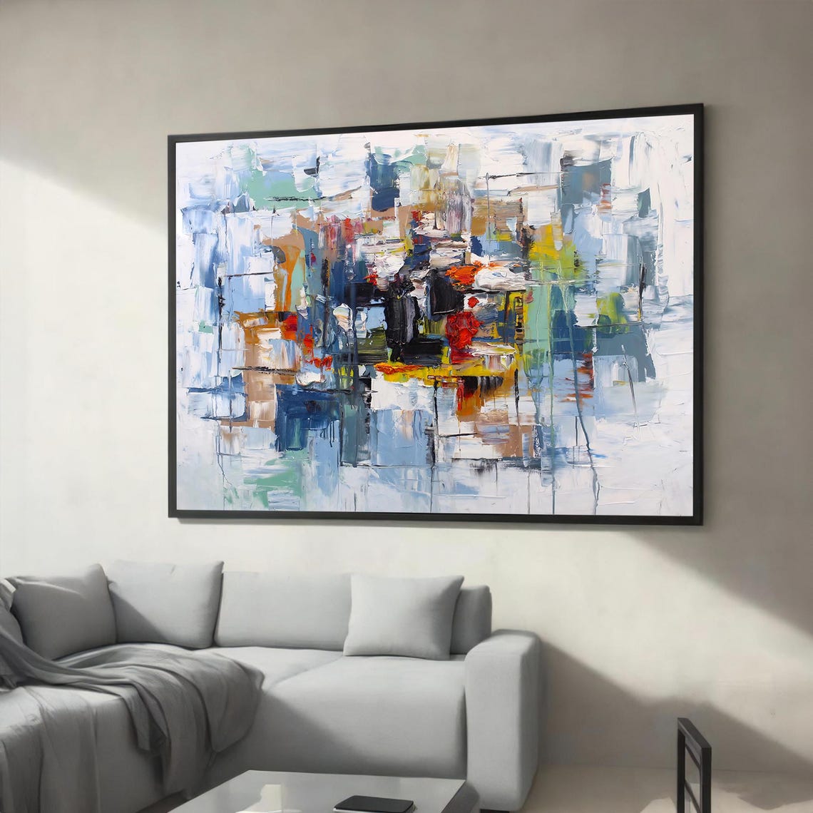 Large Colorful Abstract Blue And White Contemporary Wall Art