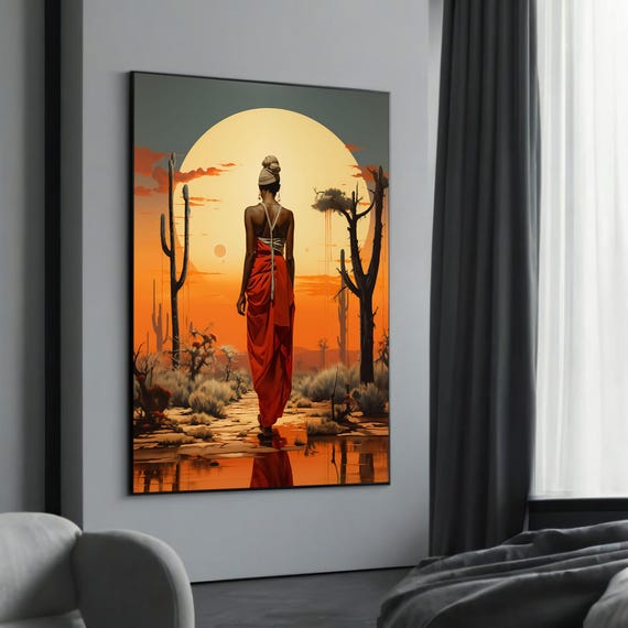 Serene Ethnic Woman Walking In Sunset Desert Stunning Orange And Red Canvas Painting Unique Gift For Tranquil Home Decor