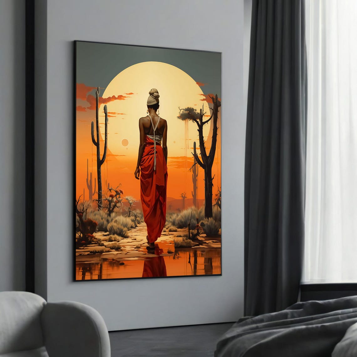 Serene Woman in Red Desert Sunset Cactus Landscape Art Poster