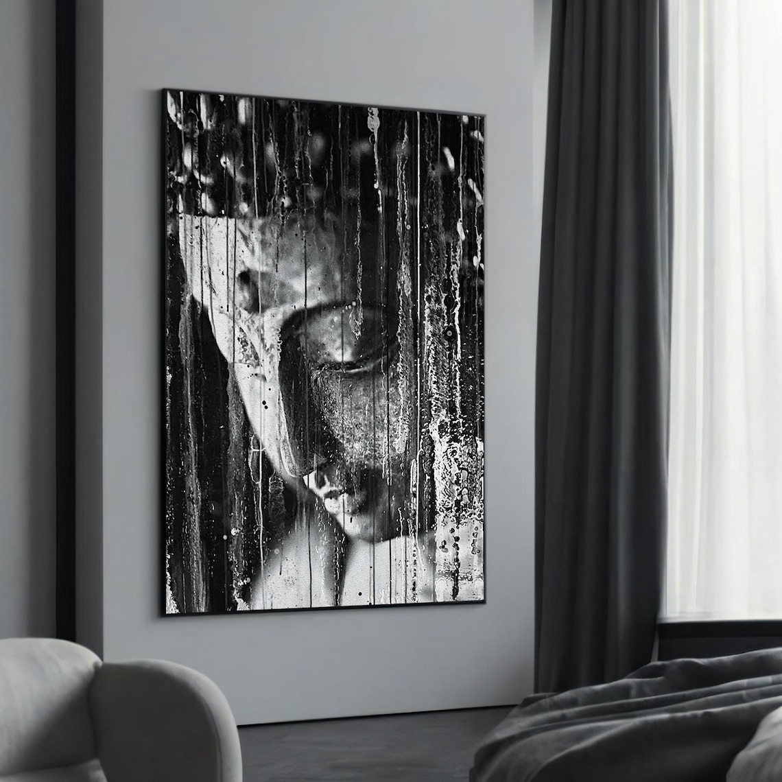Monochrome Buddha Face Behind Rain Streaked Glass Moody Poster