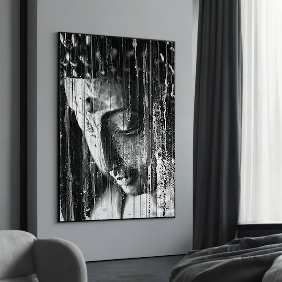 Monochrome Buddha Face Behind Rain Streaked Glass Moody Poster