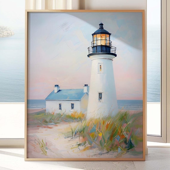 Lighthouse Ocean Wall Art Print Nautical Coastal Summer Poster Beachy Room Decor Trendy Pastel