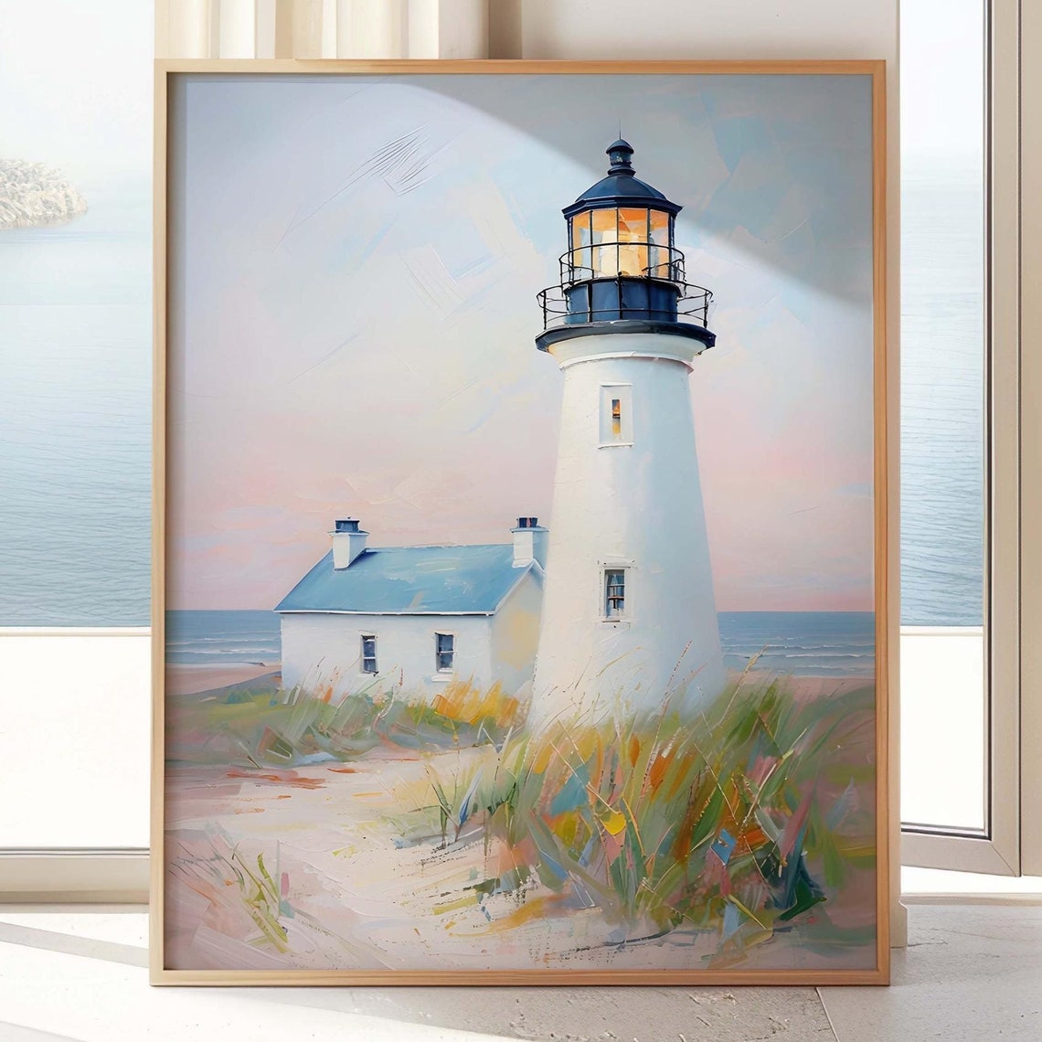 White Lighthouse Cottage Dunes Pastel Coastal Seascape Wall Art