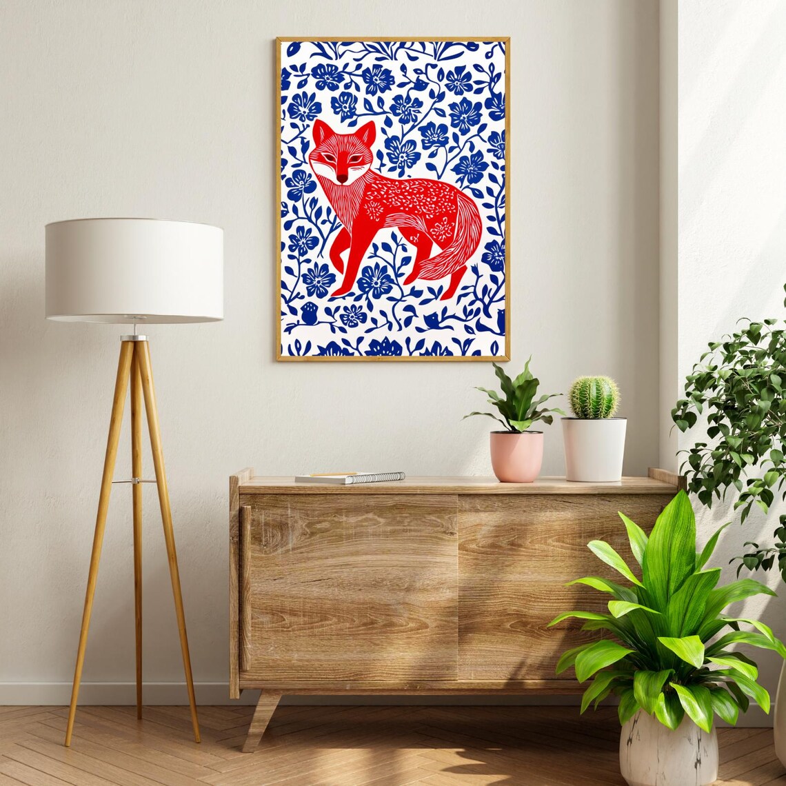 Vivid Red Fox Folk Art Linocut Blue Floral Woodland Scene Poster - Image 5