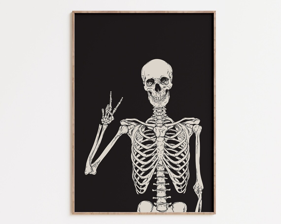Skeleton Peace Sign Funny Halloween Minimalist Skull Black Background Wall Poster