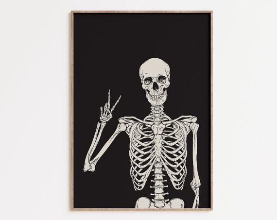 Skeleton Peace Sign Funny Halloween Minimalist Skull Black Background Wall Poster