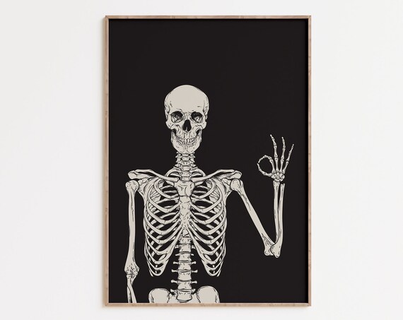 Skeleton Okay Hand Gesture Funny Halloween Skull Sketch Black White Wall Poster