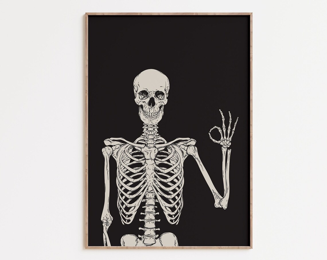 Skeleton Okay Hand Gesture Funny Halloween Skull Sketch Black White Wall Poster