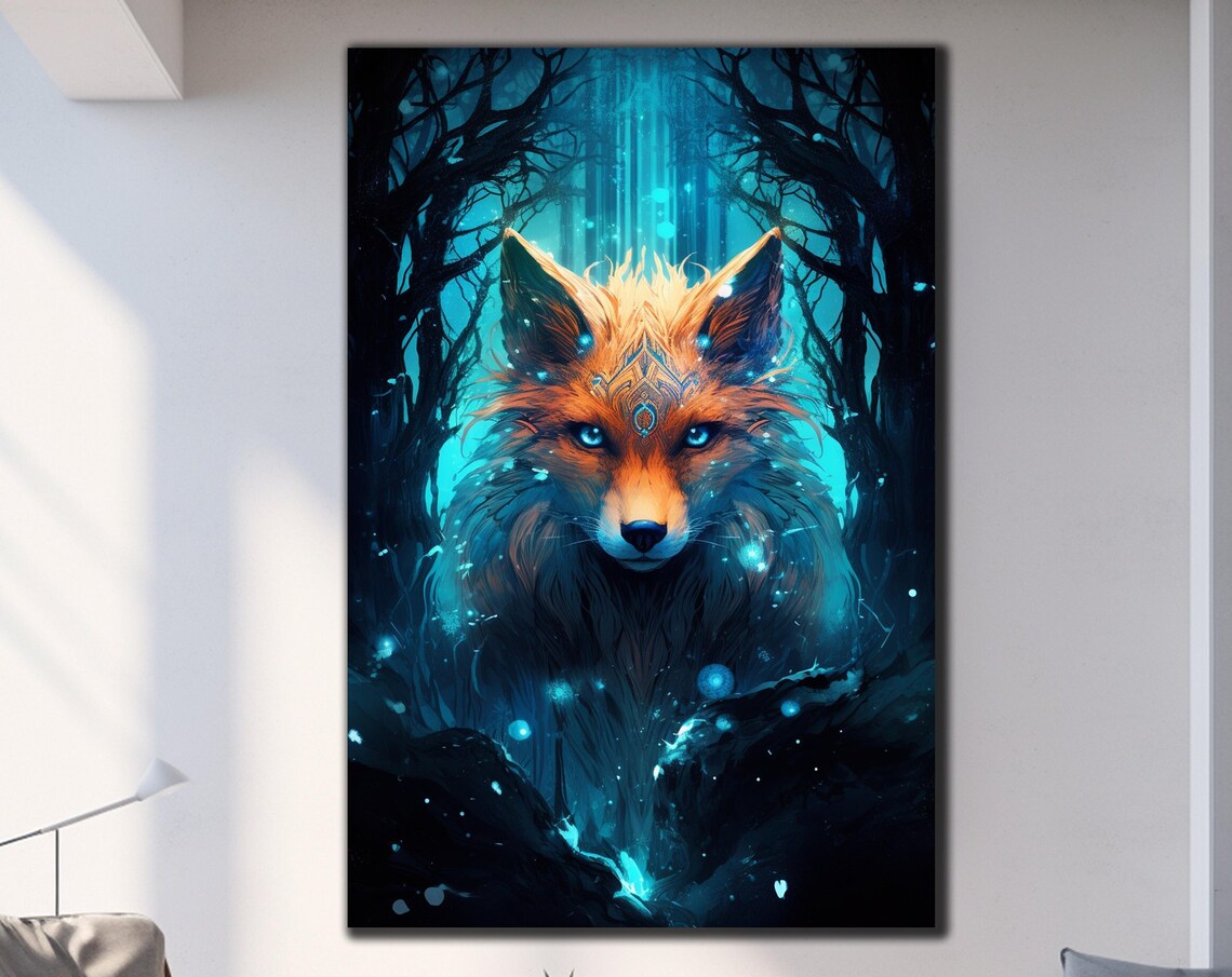 Mystical Fox Spirit Teal Forest Fantasy Animal Night Wall Art Poster