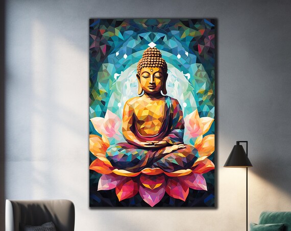 Geometric Buddha Meditating Colorful Mosaic Lotus Wall Art Poster