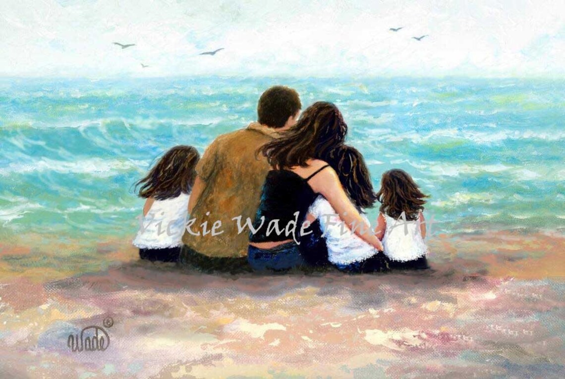 Family of Five Watching the Ocean Together on the Beach Poster