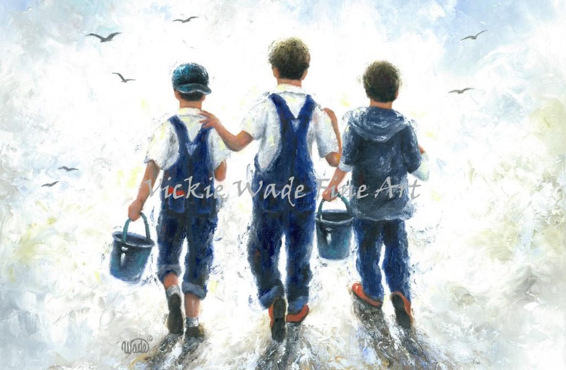 Three Boys in Overalls with Buckets Walking to the Shore Poster