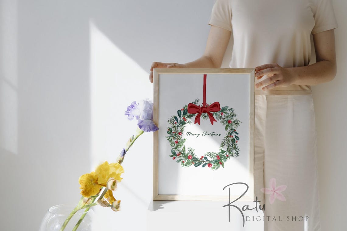 Merry Christmas Watercolor Pine Wreath Red Bow Holiday Wall Art - Image 2