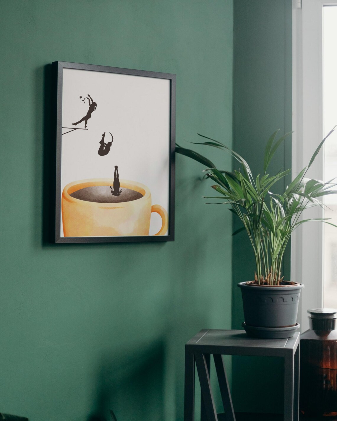 Coffee Diver Minimalist Art Diver Jumping Into Giant Cup Kitchen Poster - Image 2