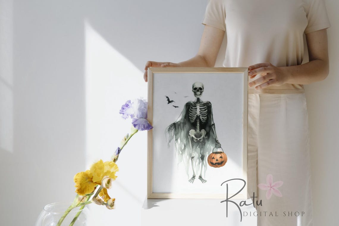 Skeleton Ghost Cape Pumpkin Bucket Bats Halloween Poster Spooky Art - Image 2
