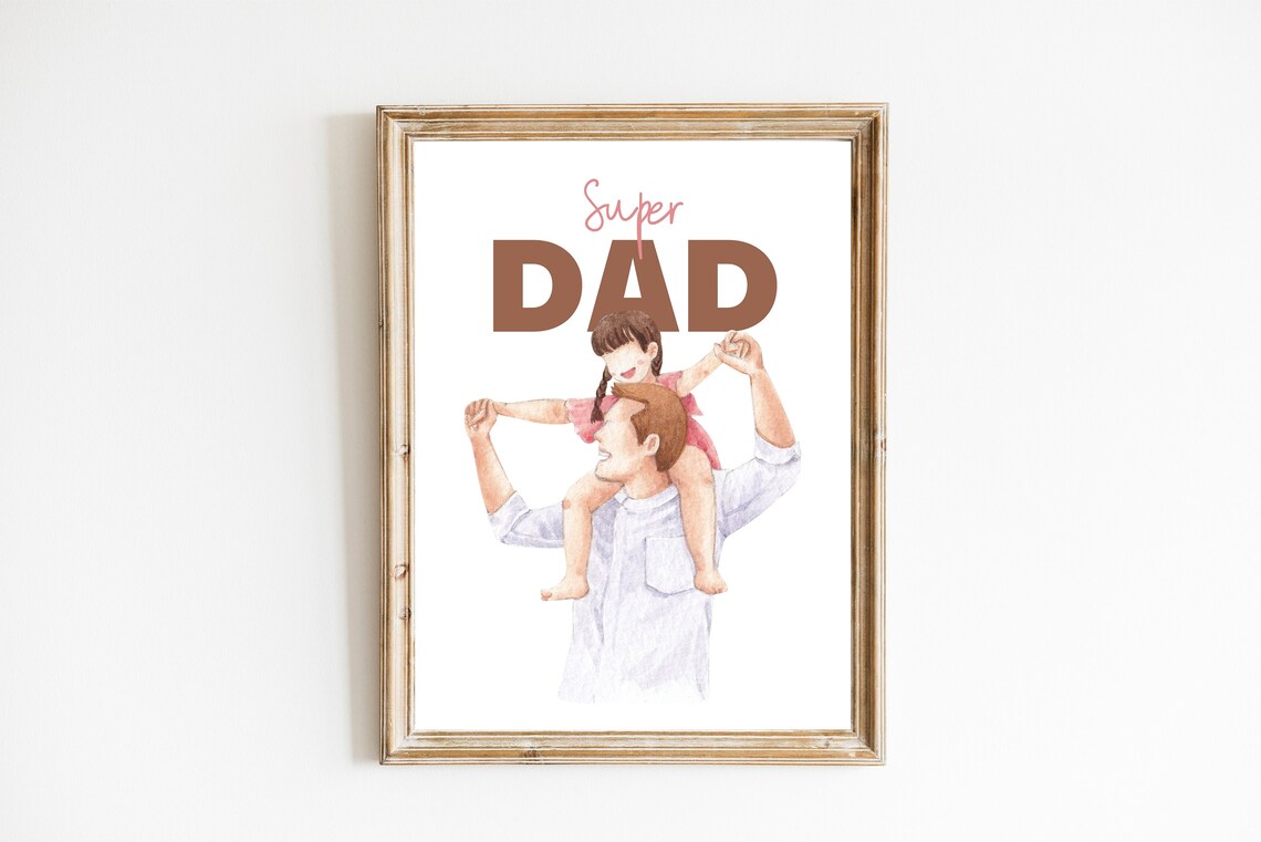 Super Dad Watercolor Father Daughter Shoulder Ride Gift Poster