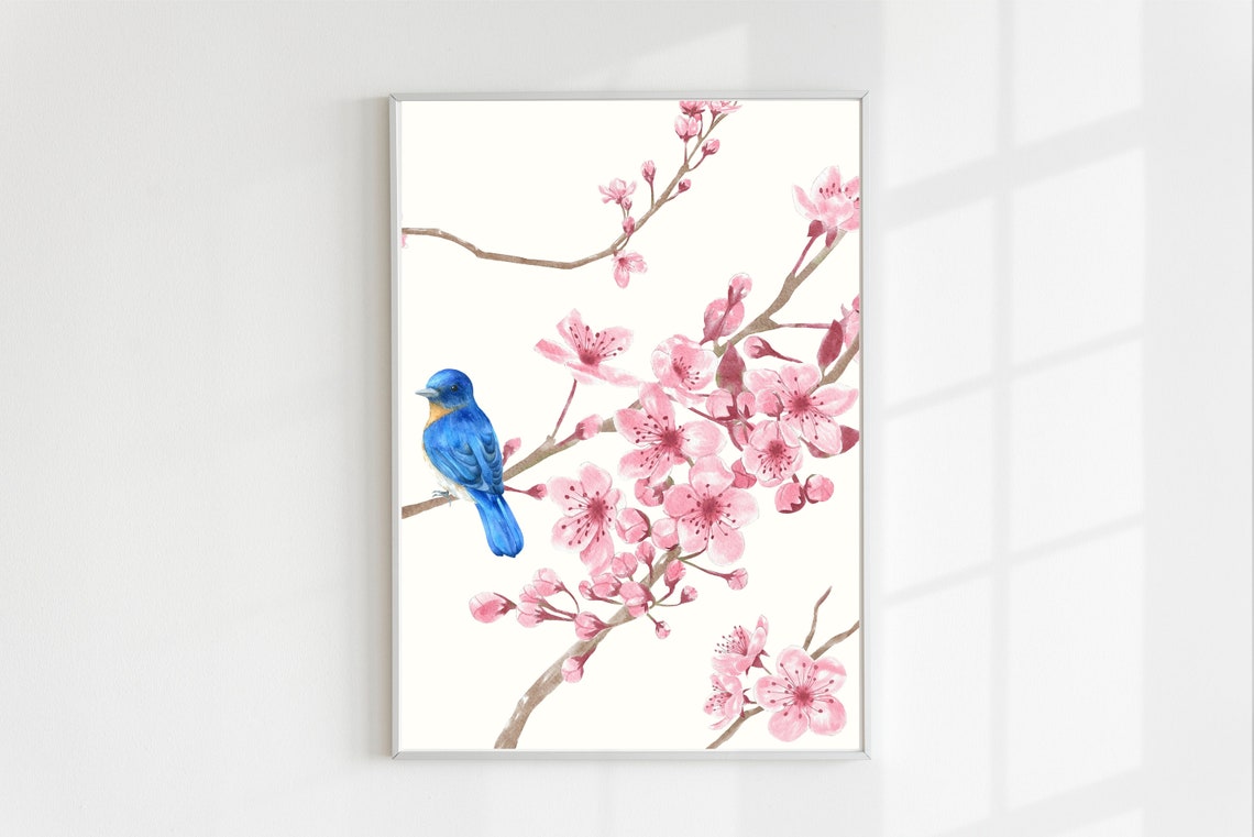 Bluebird on Cherry Blossom Branch Spring Watercolor Bird Poster - Image 2