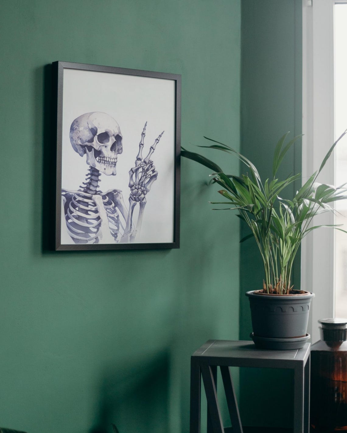 Skeleton Peace Sign Watercolor Skull Art Poster Edgy Gothic Decor - Image 2