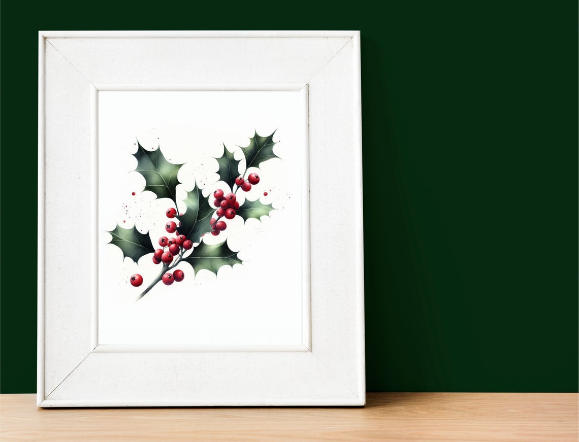 Holly Berry Leaves Watercolor Red Berries Christmas Decor Poster - Image 3