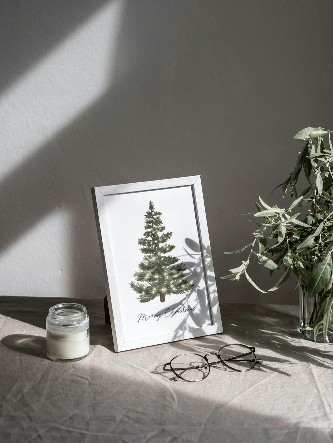 Merry Christmas Watercolor Tree String Lights Festive Holiday Print - Image 2
