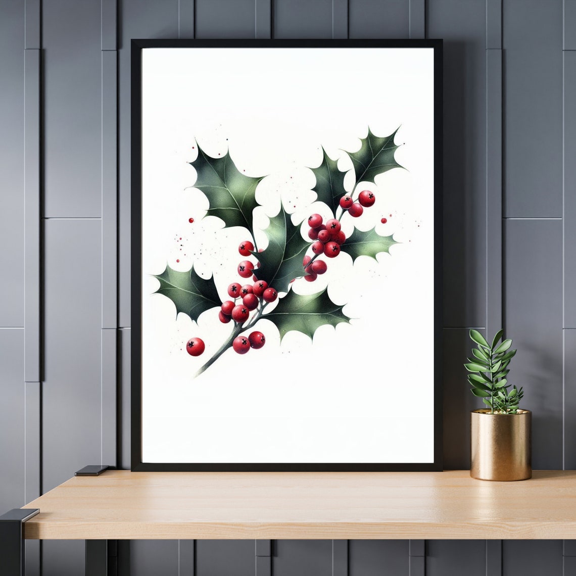 Holly Berry Leaves Watercolor Red Berries Christmas Decor Poster - Image 2