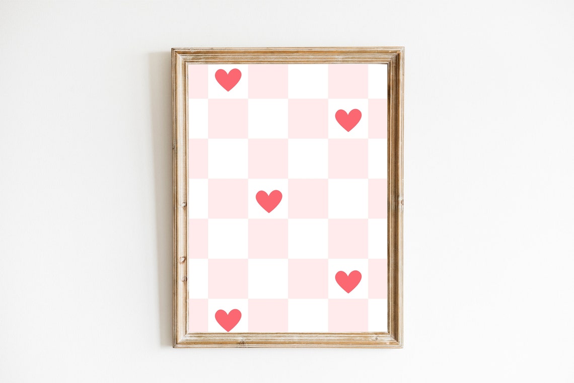 Pink Checkered Hearts Pattern Minimalist Poster Cute Girly Room Decor