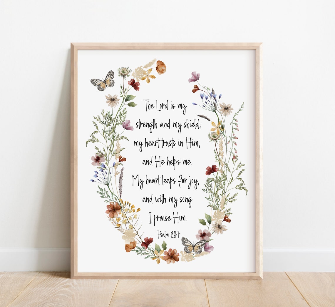 Psalm 28:7 The Lord Is My Strength Floral Wreath Scripture Wall Art
