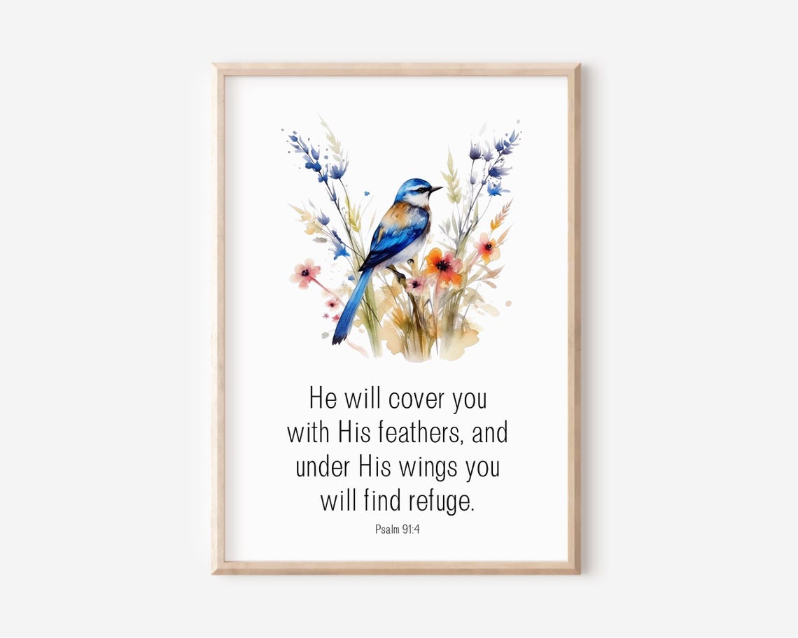 Psalm 914 Under His Wings Bluebird Watercolor Verse Art Poster