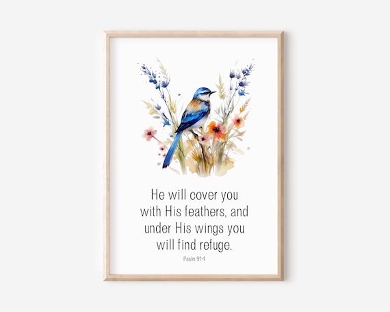 Psalm 914 Under His Wings Bluebird Watercolor Verse Art Poster