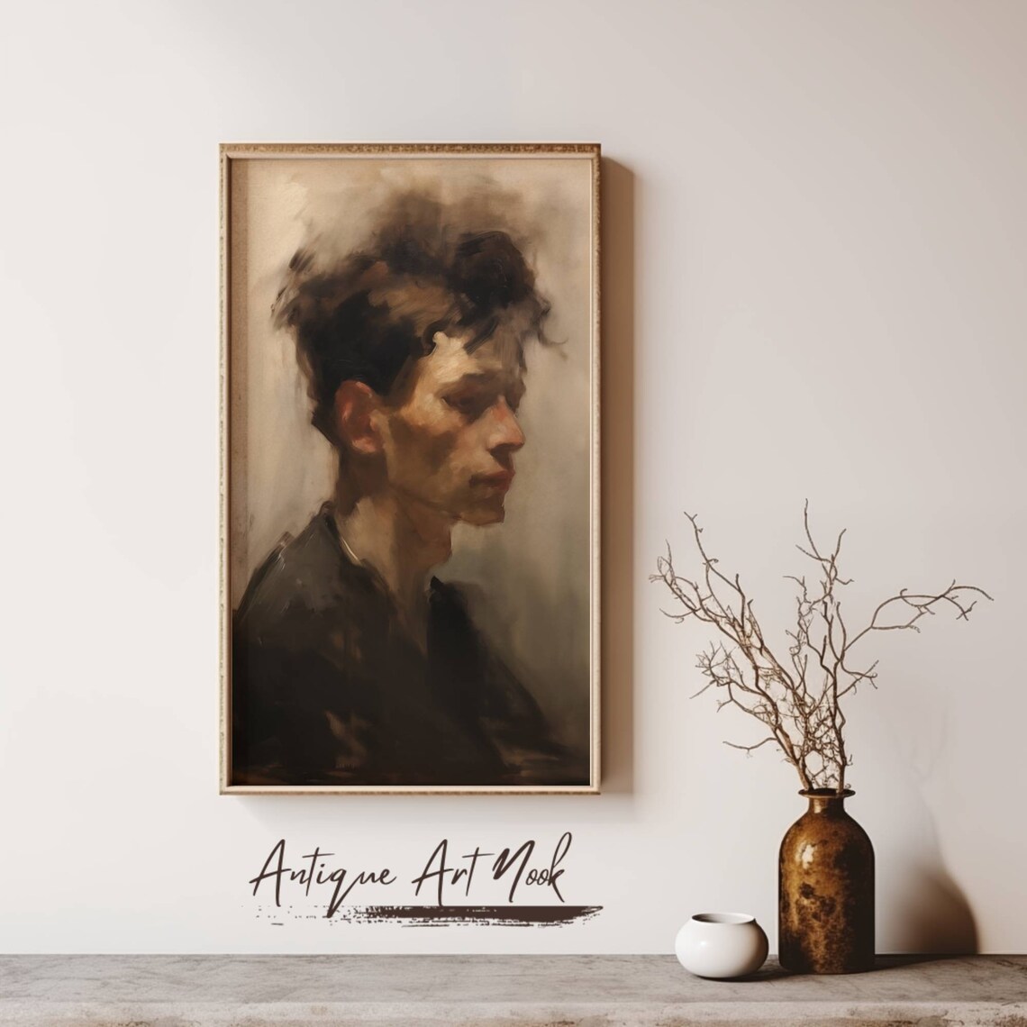 Man's Profile Vintage Painting, Moody Decor