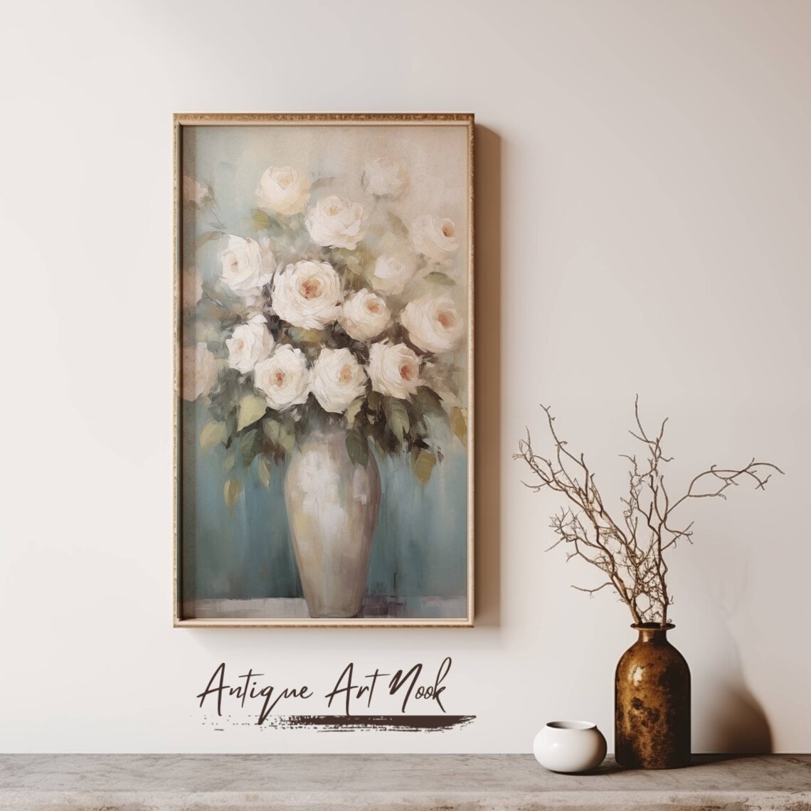 White Roses In Vase, Vintage Still Life Art Print