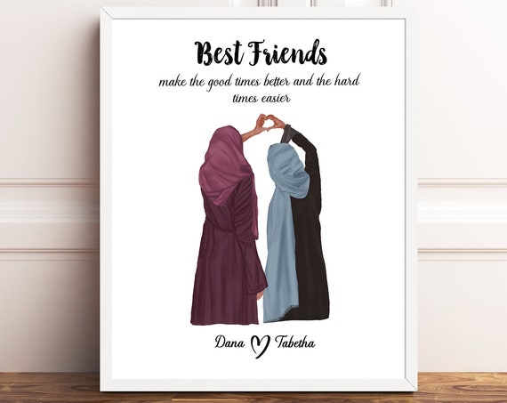 Personalized Muslim Best Friends Portrait Print Hijab Fashion Art Print Muslim Girls Gift Hijab Gift
