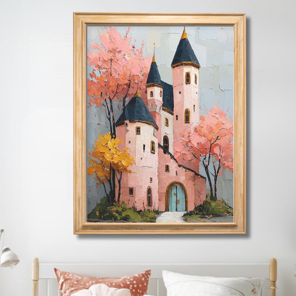 Pink Fairytale Castle Blossom Trees Impasto Oil Painting Poster