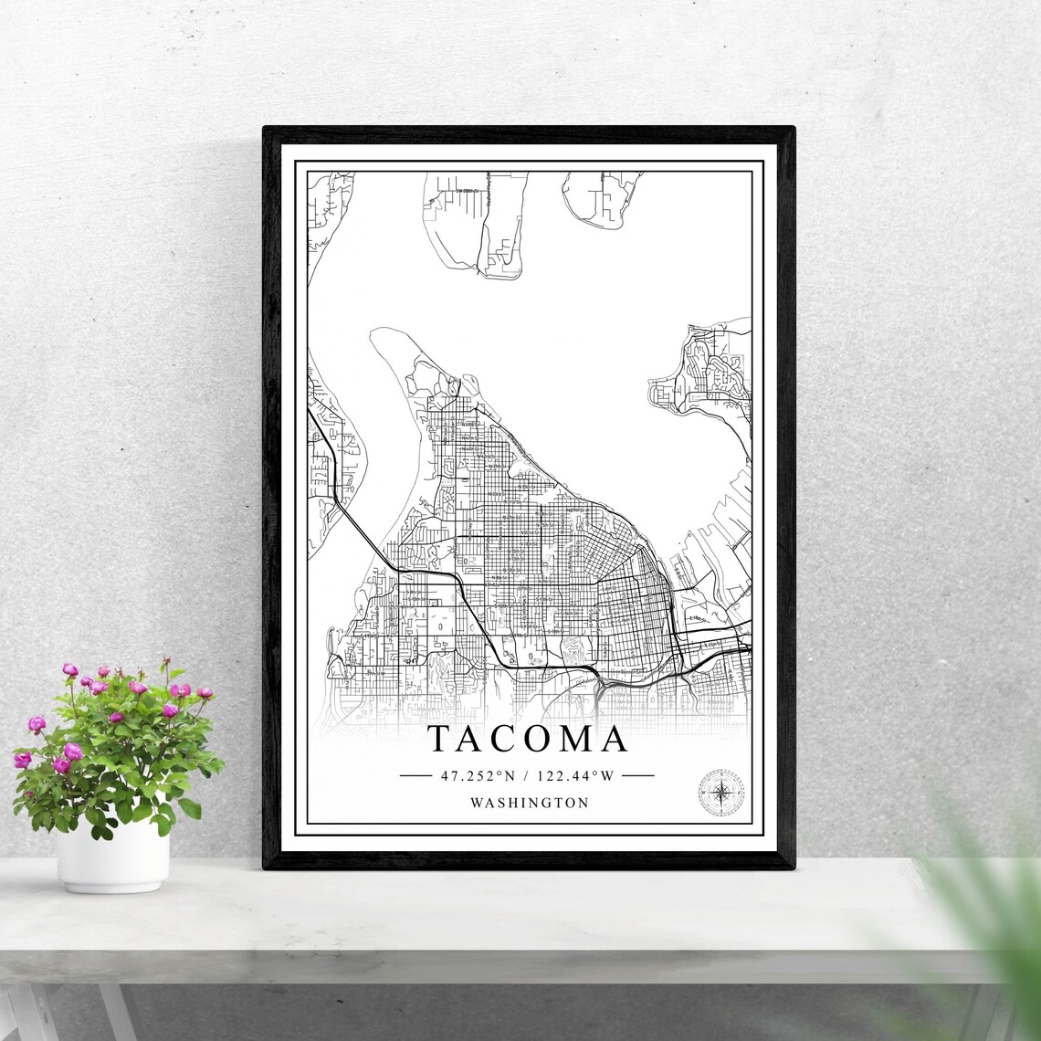 Tacoma Washington Minimalist Black And White City Map Street Art Poster