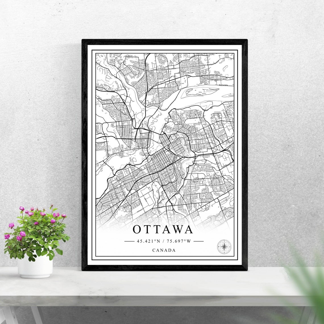 Ottawa Canada Black And White Minimalist Street Map Wall Art