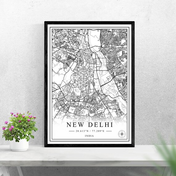 New Delhi India City Map Minimalist Black And White Wall Art