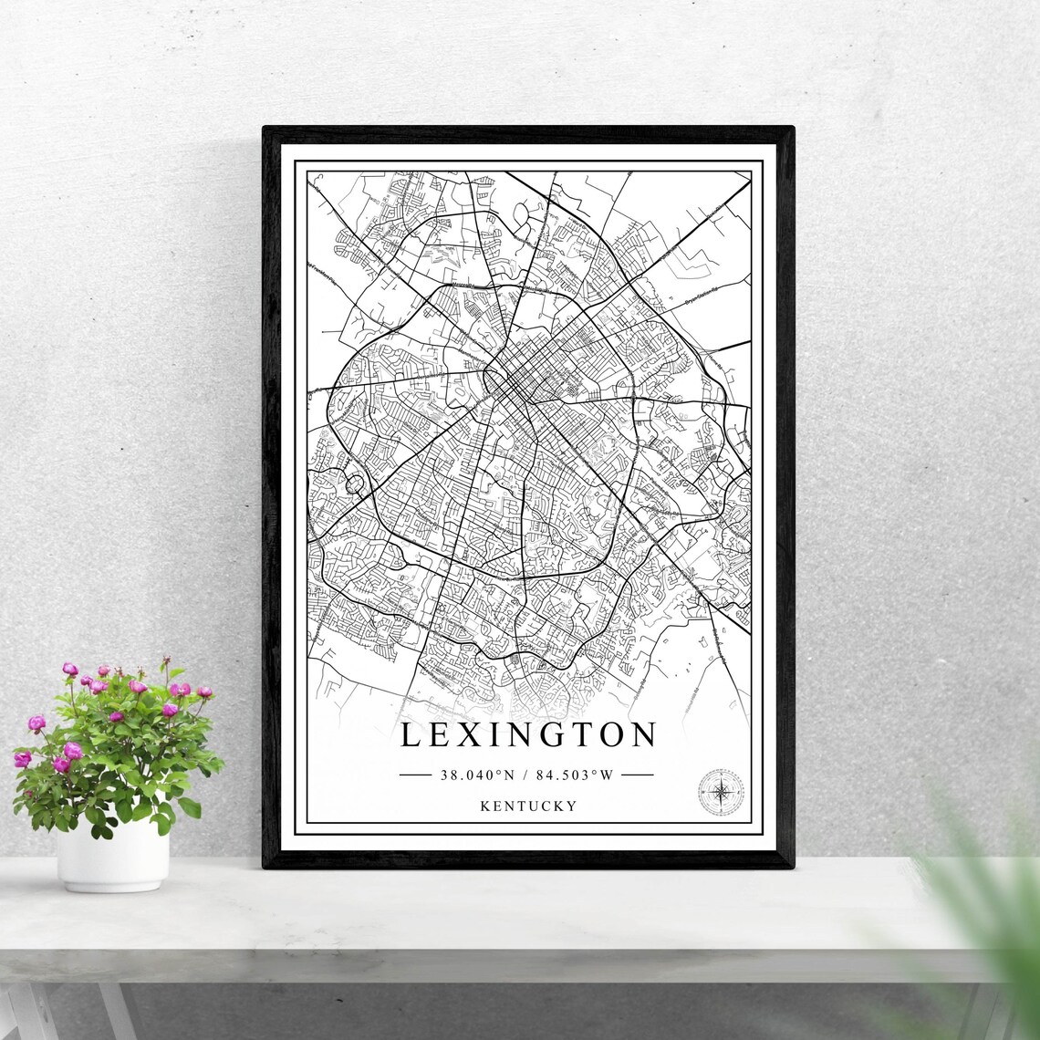 Lexington Kentucky City Street Map Black White Line Art Poster