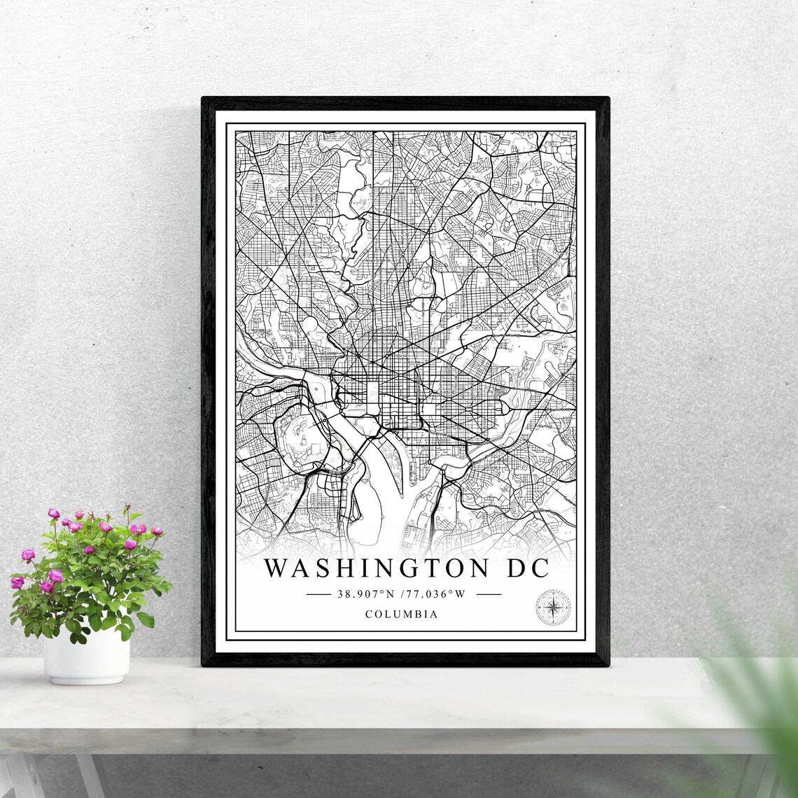 Washington DC United States Black And White Street Map With Coordinates Poster