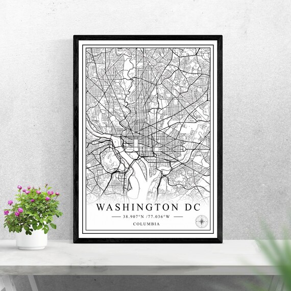 Washington DC United States Black And White Street Map With Coordinates Poster