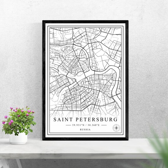 Saint Petersburg Russia Black And White Minimalist Street Map Wall Art