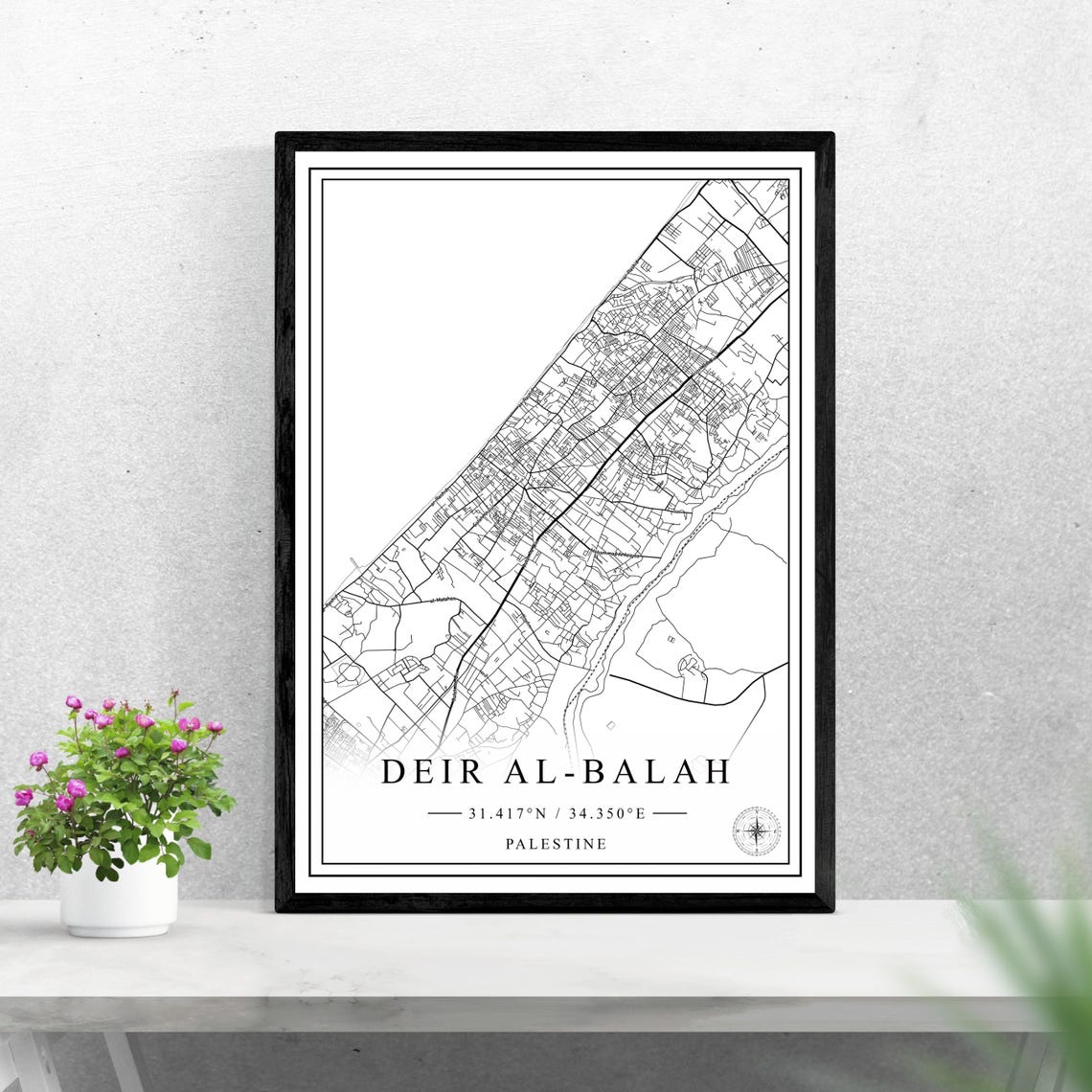 Deir Al-Balah Palestine City Street Map Black White Line Poster